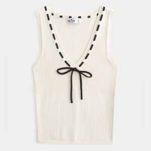 Hollister Ivory Cream V Neck Sweater Knit Tank with Black Accent Bow - Small